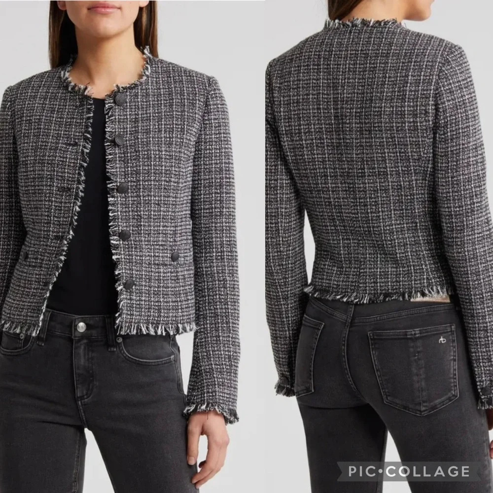 rag & bone Black and White Tweed Frayed-Edge Cropped Blazer